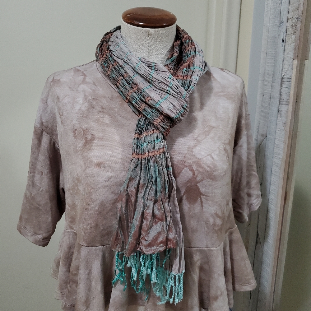 Sevya Silk Cotton Blend Scarf Fringe Mint & Orange